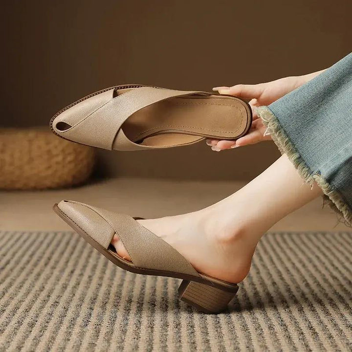 Summer Leather Mules for Women | Pointed Toe Chunky Heel Sandals