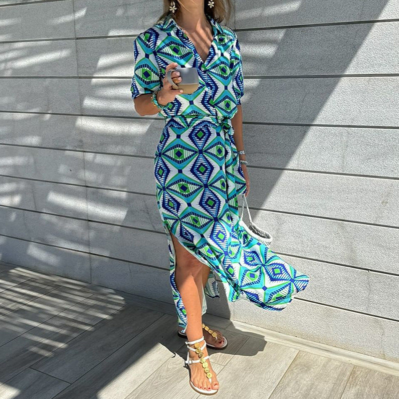 Fashion Printed Shirt Collar Bohemian Mid-length Dress