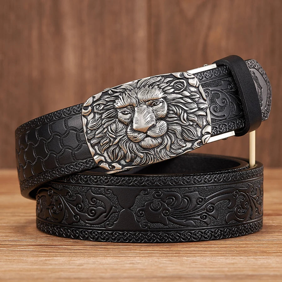 Men's 3.5CM Genuine Leather Belt with Lion Pattern & Automatic Buckle