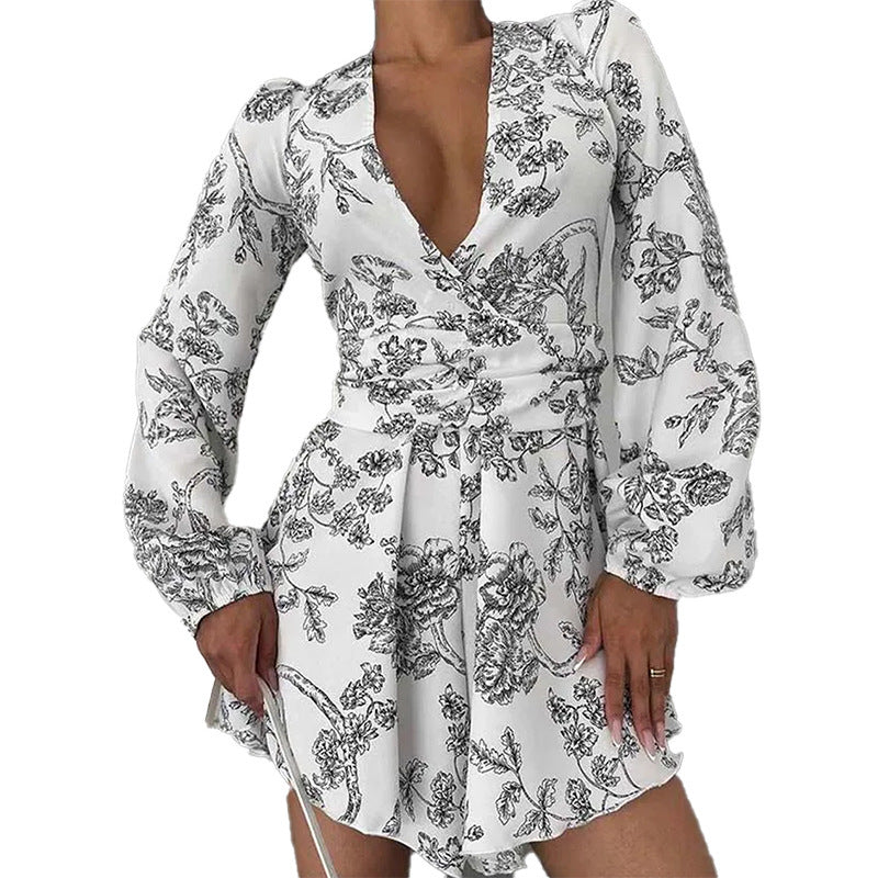 Women's Sexy V-neck Printed Lantern Sleeve Waist-tight Dress