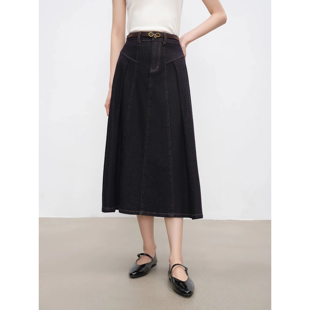 Elegant High Waist Dark Denim A-Line Midi Skirt for Women