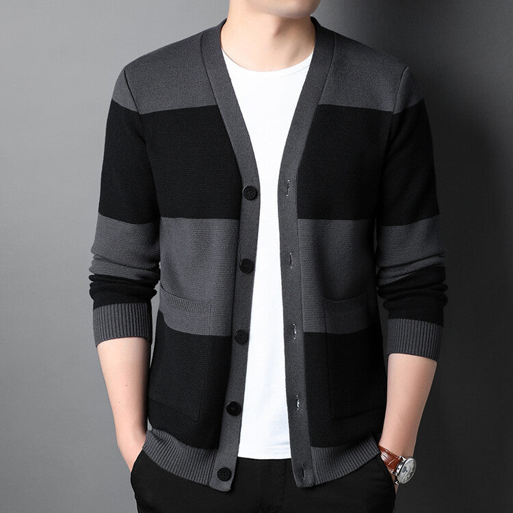 Spring And Autumn New Men's Striped Cardigan Single-breasted Long Sleeve Color Matching Casual Sweater Coat