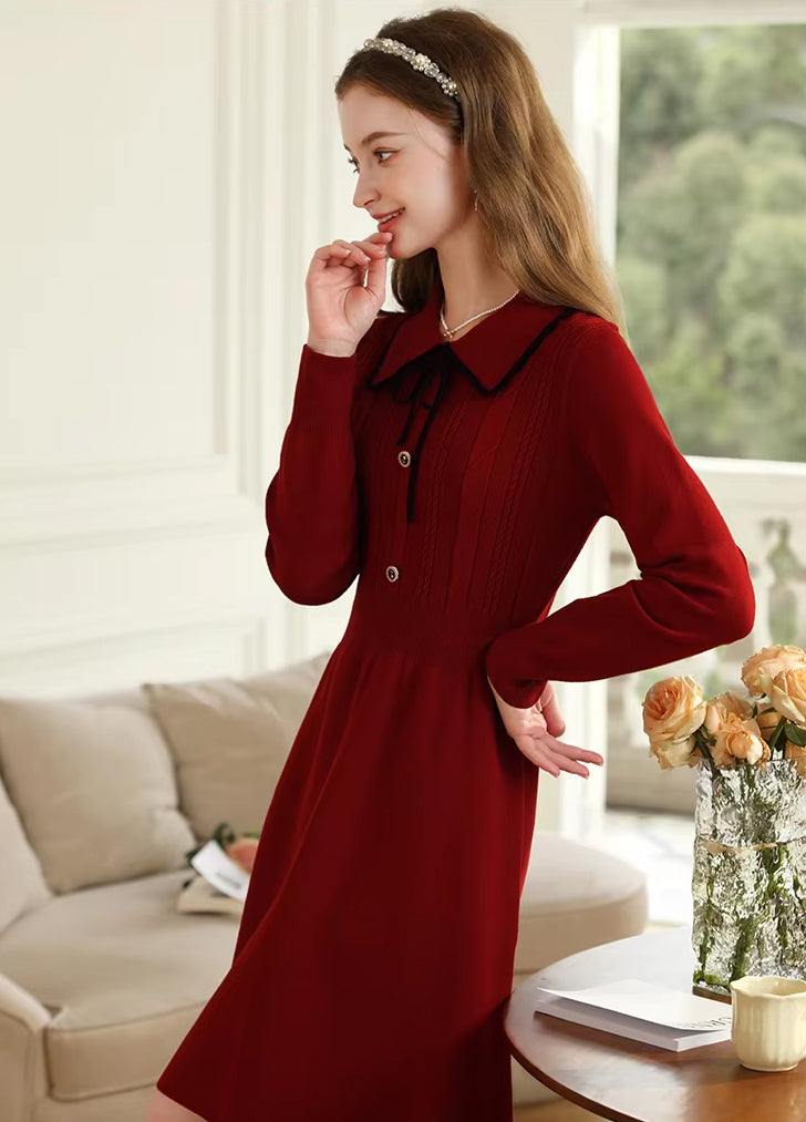 Elegant Vintage Red Long Sleeve Knitted Dress