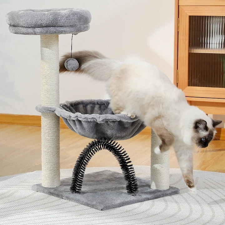 Compact Cat Tree Tower with Hammock, Scratching Post, and Plush Basket