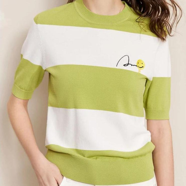 Striped Short Sleeve T-Shirt with Smile Face Design