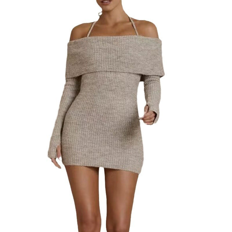 Off-neck Halterneck Long-sleeved Knitted Sweater Hip Skirt Women's Fashion