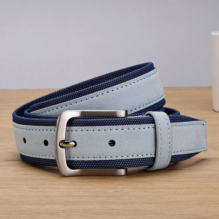 Men’s Suede Leather Belt with Oxford Fabric Strap – Genuine Leather Luxury Pin Buckle