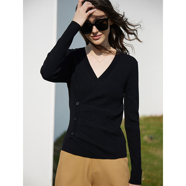 Spring Slim V-Neck Shirred Women's Sweater