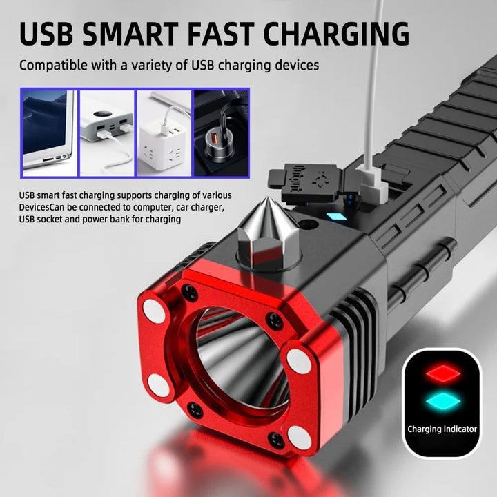 4-in-1 Multifunctional USB Charging Flashlight with Safety Hammer and Magnet