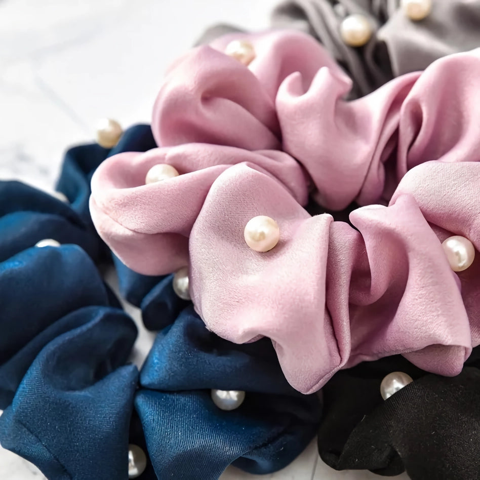 Satin Silk Pearl Hair Scrunchies – Stylish Elastic Hair Accessories