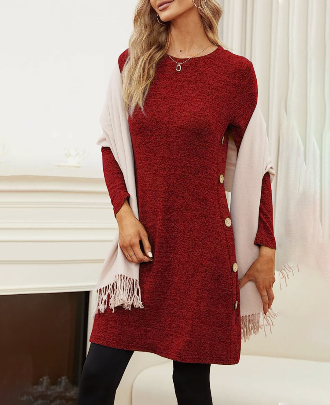 Women's Long Sleeve Low Round Neck Button Side Dress With Pockets