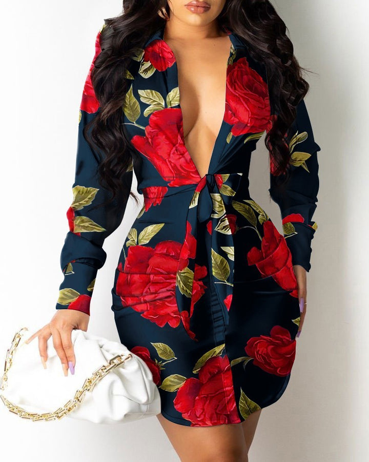 Long Sleeve V-neck Printed Lace Up Shirt Dress