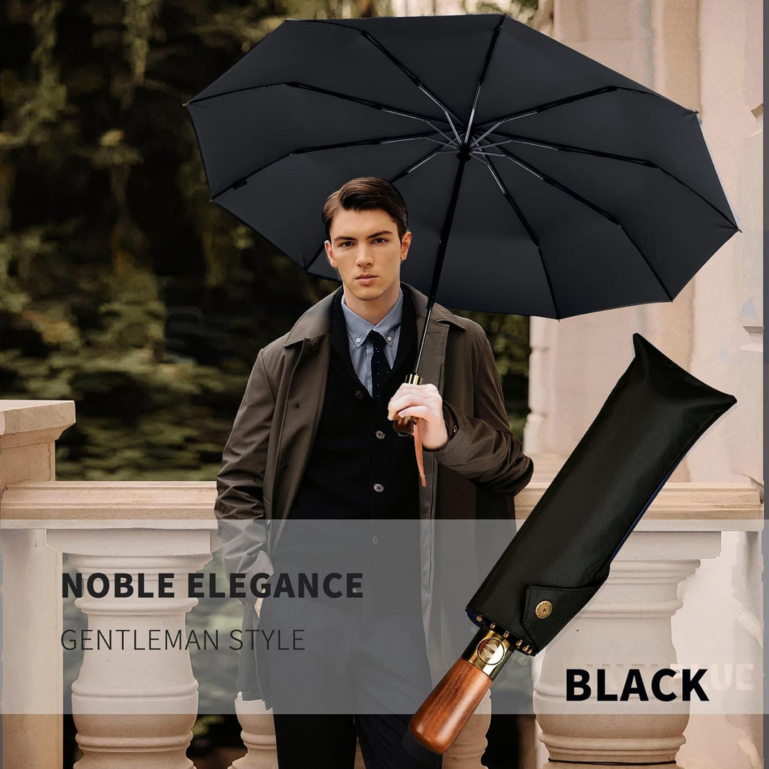 Large Folding Automatic Men's Umbrella with Wooden Handle