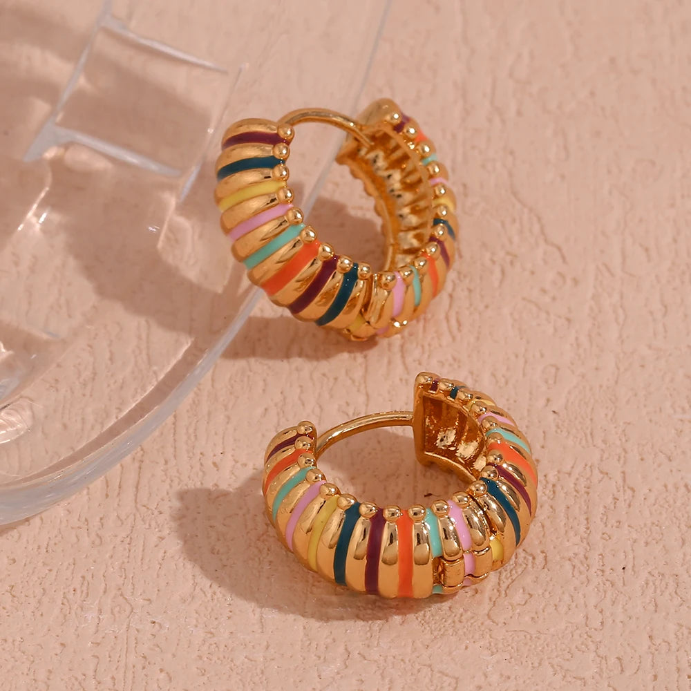 Colorful Hypoallergenic Enamel Circle Textured Hoop Earrings – Gold Plated Stainless Steel