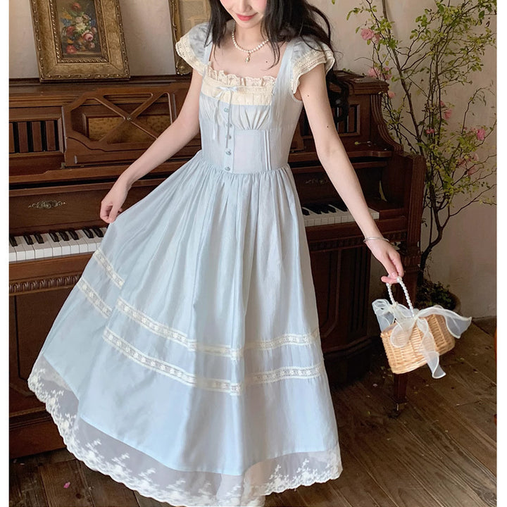 Lace Bow Blue Long Dress Female