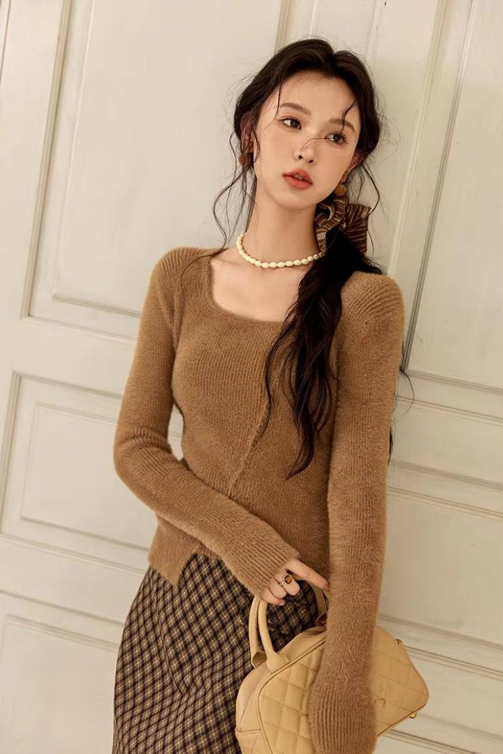 Women's Asymmetric Casual Knitted Sweater with Square Neck – Fall/Winter 2024