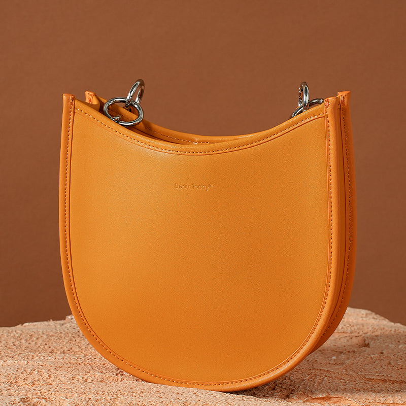 Genuine Leather Circular Shoulder Bag with Arc Profile