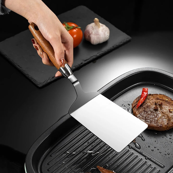 Stainless Steel Cooking Spatula with Wooden Handle - Teppanyaki, Pizza, Pancake, and BBQ Utensils