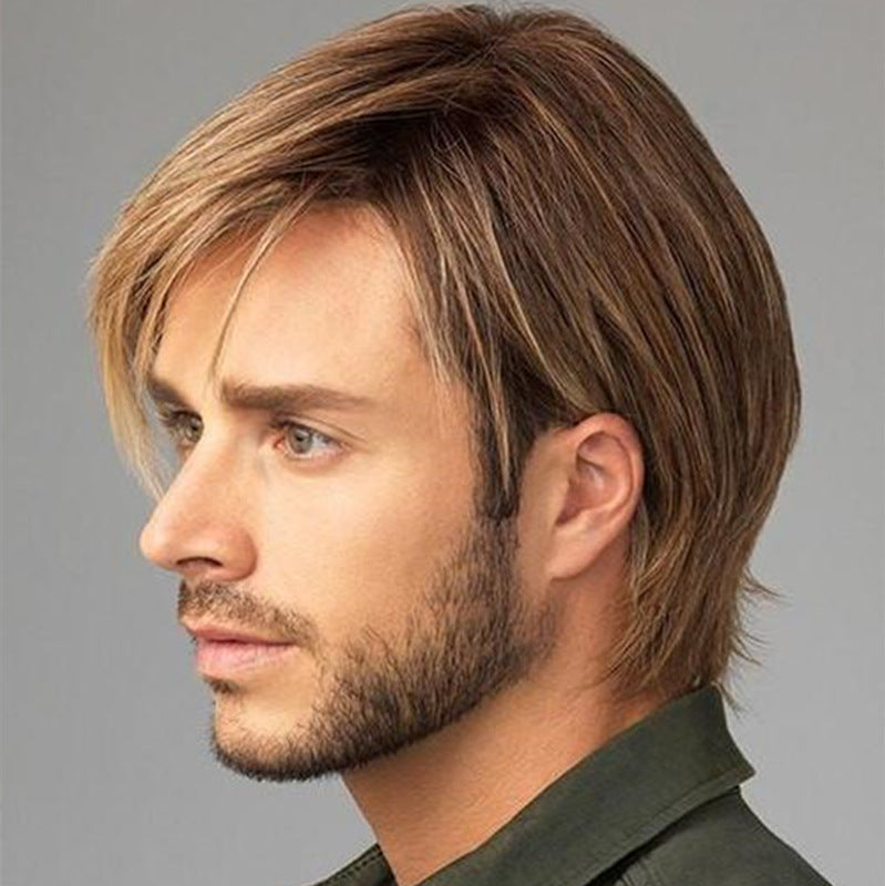 Men's Short Straight Hair Golden Brown Side Bangs Wig