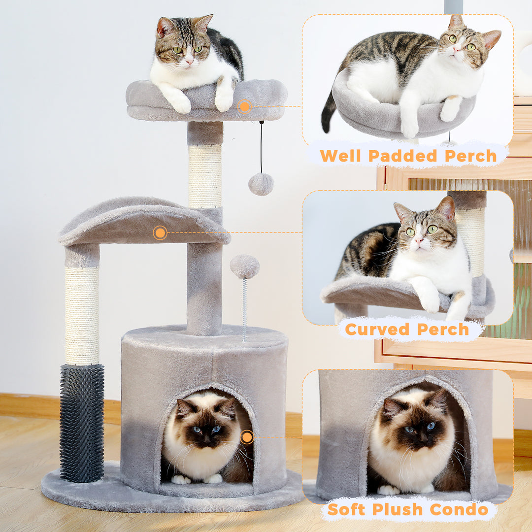 Cat Tree Condo with Self-Grooming Brush & Scratching Post for Active Kittens and Cats