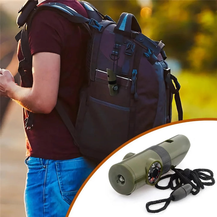 7-in-1 Emergency Survival Multi-Tool Whistle with Compass, Flashlight, and More for Camping and Hiking