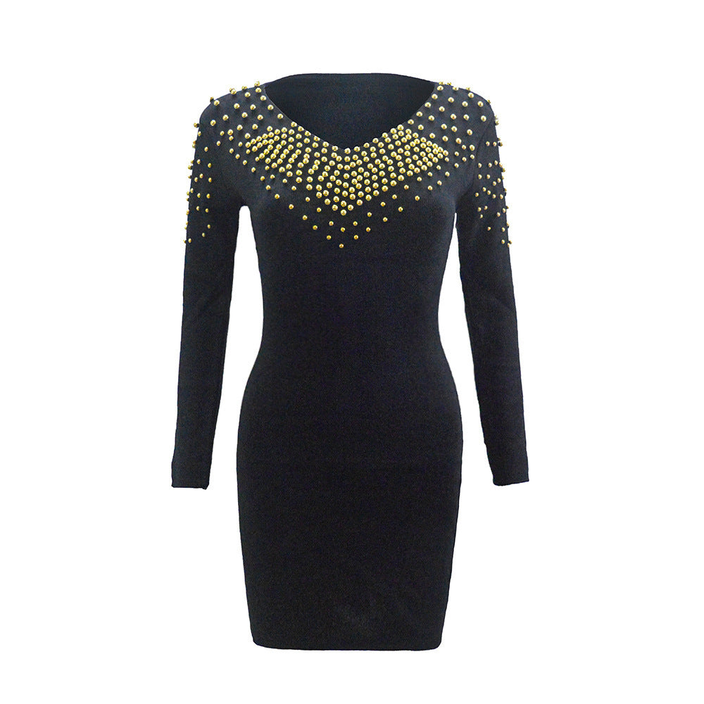 Women's V-neck Bead Sheath Long Sleeve Knitted Dress