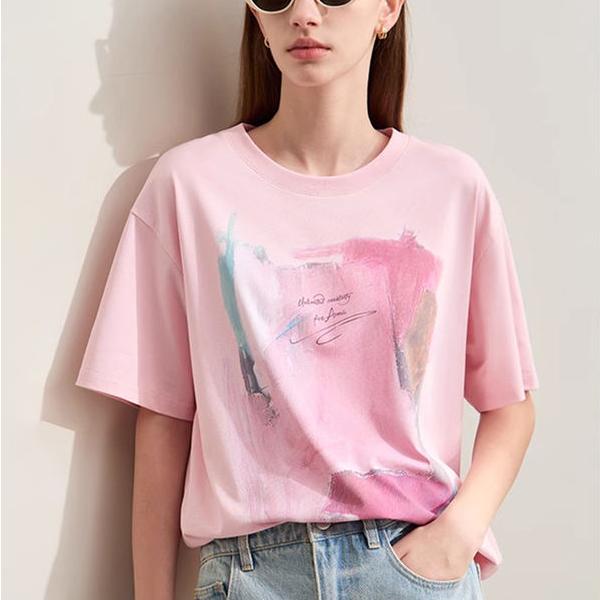 Minimalist Loose O-Neck Abstract Print T-Shirt for Women