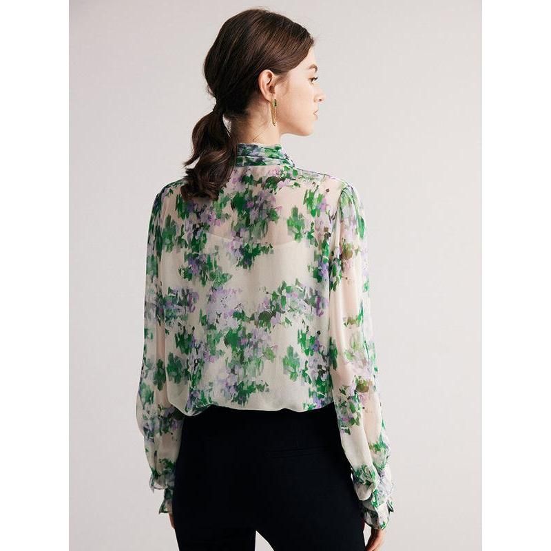 Floral Silk-Blend Bow Collar Blouse for Women