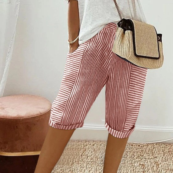 Striped Stitching Loose Casual Cropped Pants