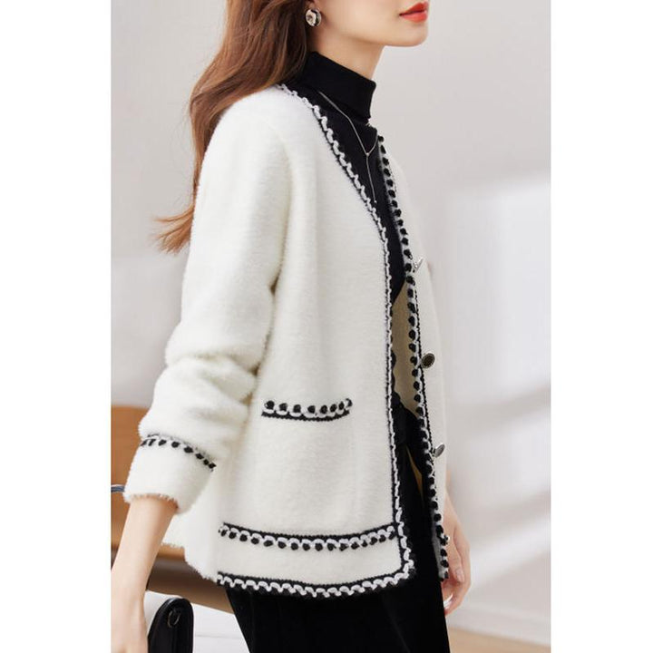 Elegant V Neck Knitted Cardigan for Women - Autumn Winter Long Sleeve Knitwear