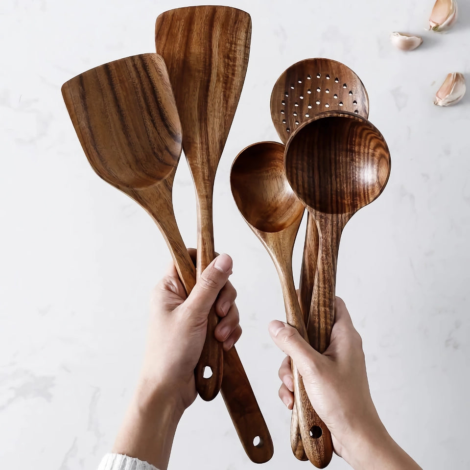 Eco-Friendly Teak Wood Cooking Utensils Set – 7 Piece Kitchen Tool Kit