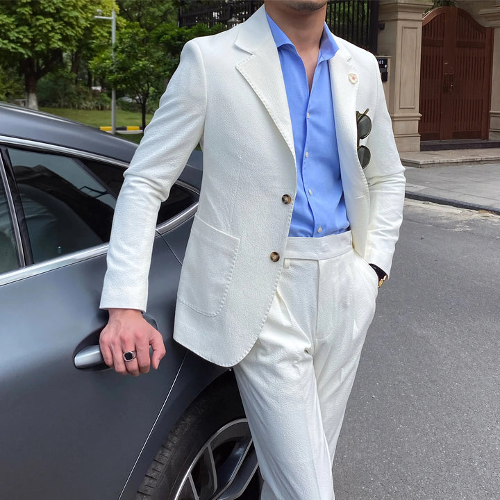 Stylish White Seersucker Suit for Men - Italian Slim Fit