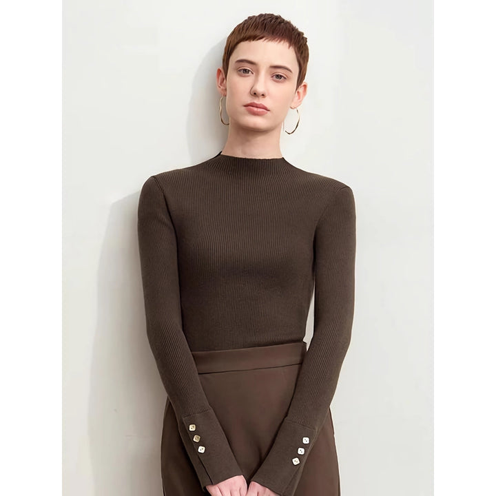 Minimalist Mock Neck Sweater with Slit Cuffs and Metal Buckle