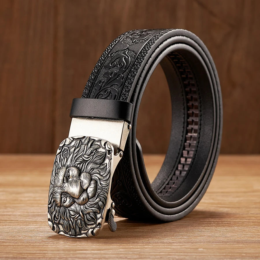 Men's 3.5CM Genuine Leather Belt with Lion Pattern & Automatic Buckle