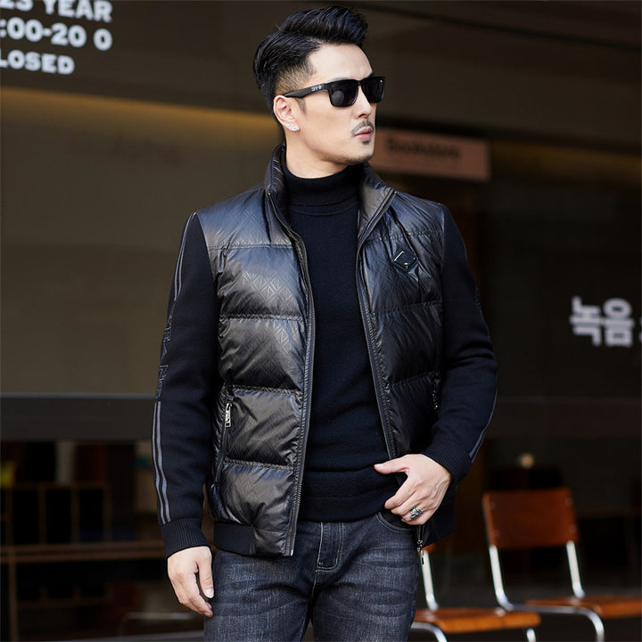 Down Jacket Men's Stand Collar Knitted Sleeve Casual Duck Down Coat