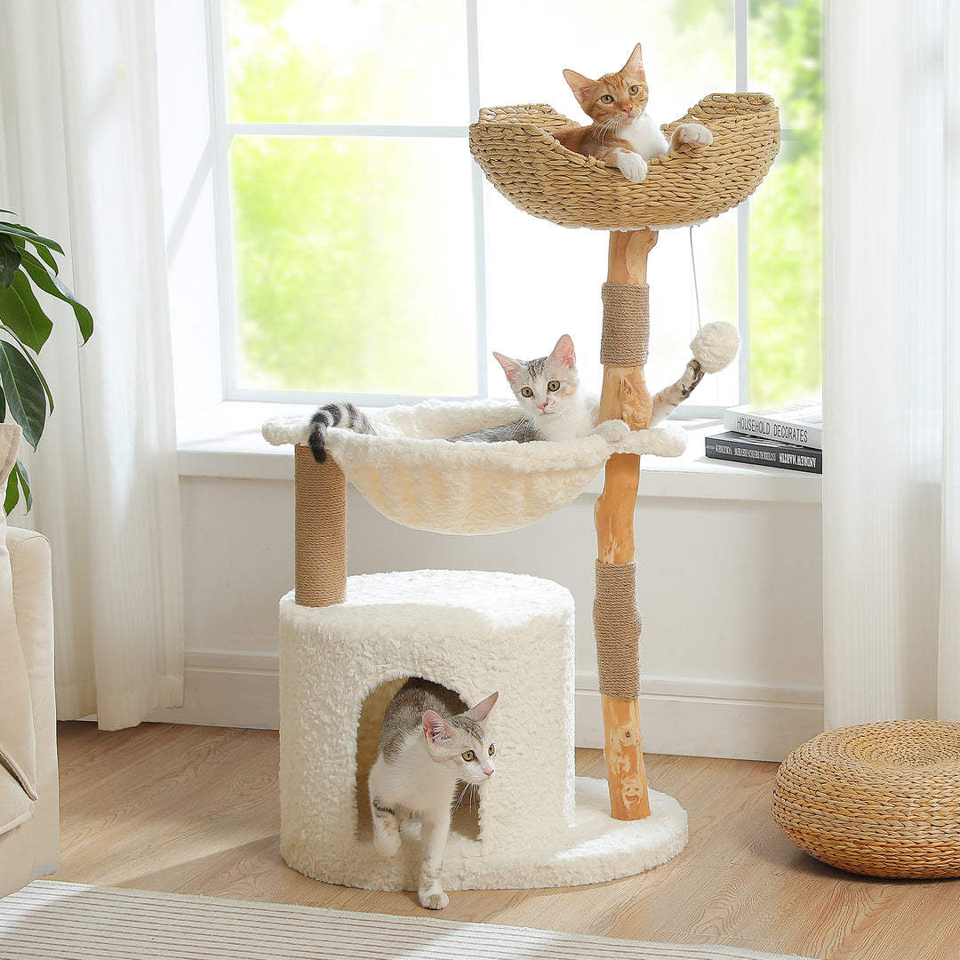 Modern Cat Tree with Woven Basket, Hammock & Solid Wood Scratching Post for Large Indoor Cats