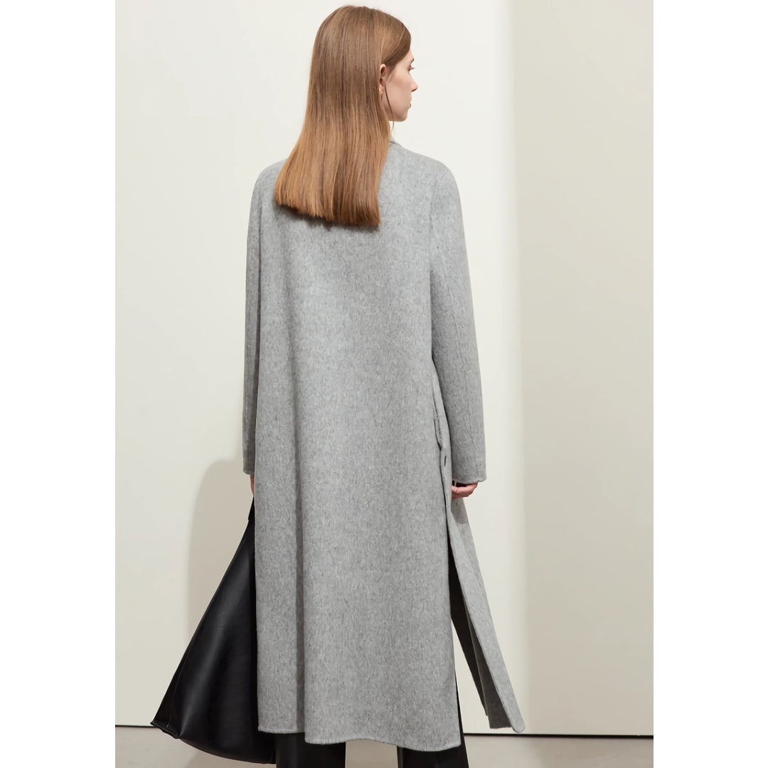 Minimalist Woolen Coat for Women with Stand Collar and Slit