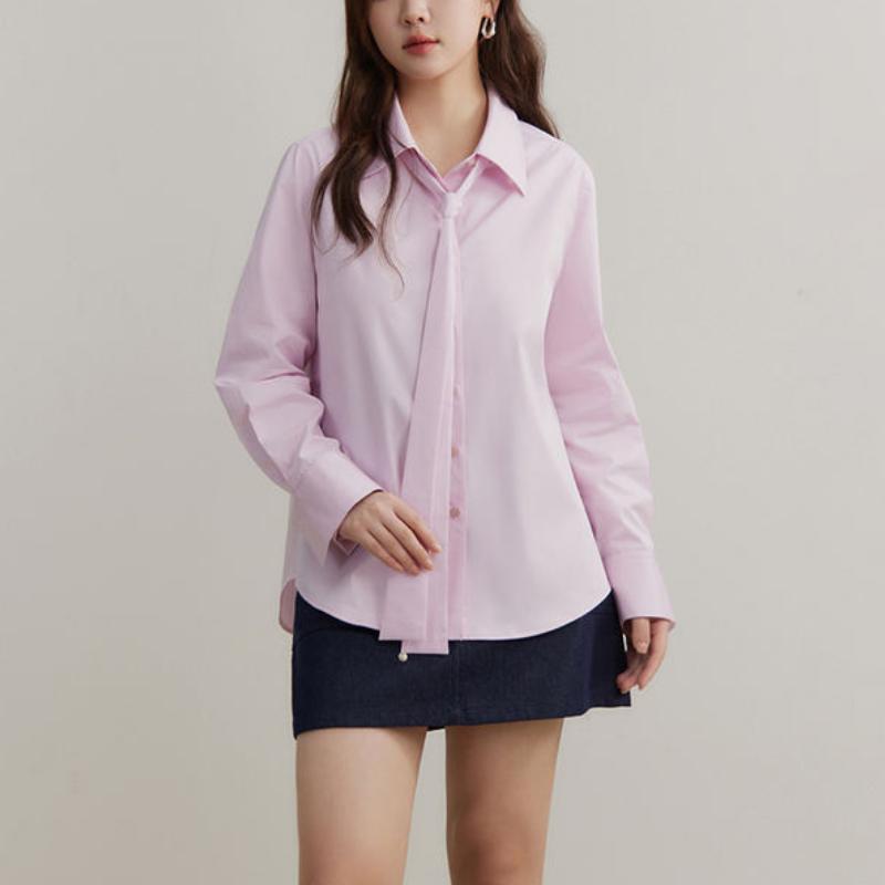 Elegant Egyptian Cotton Long-Sleeved Blouse with Detachable Ribbon