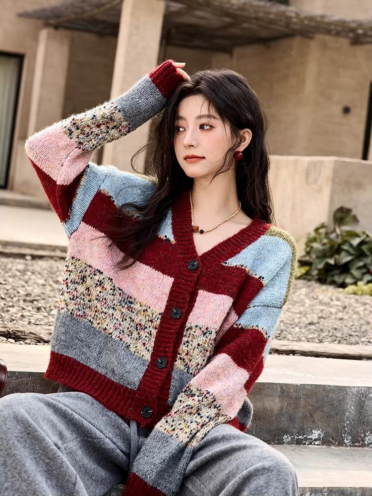 Colorful Striped Knitted Cardigan for Women - Loose Casual V-Neck Sweater