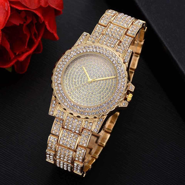 Fashion Creative Diamond Full Diamond Round Watch Pearl Bracelet Earring Necklace - Trendha
