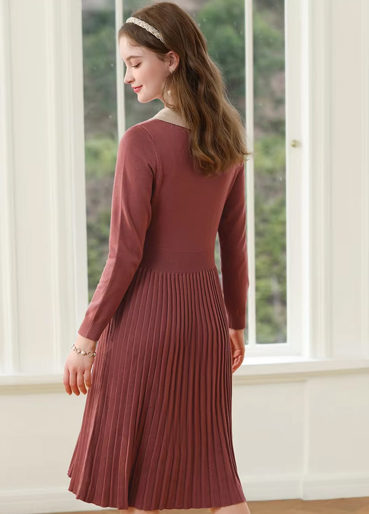 Winter Pleated A-Line Knit Dress with Bow Waist Fairycore Style