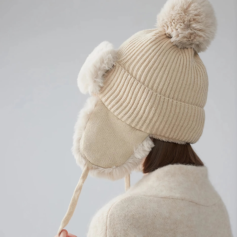 Women's Faux Fur Knitted Beanie with Adjustable Earflaps and Pompom