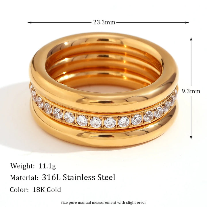 Zircon Three-Piece Hypoallergenic Gold-Plated Stainless Steel Ring Set