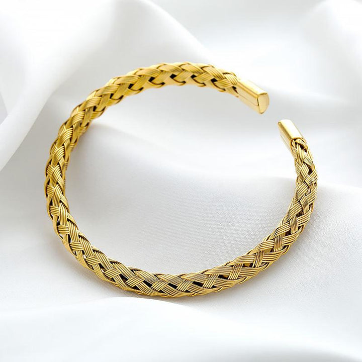 Stainless Steel Gold Woven Charm Bracelet