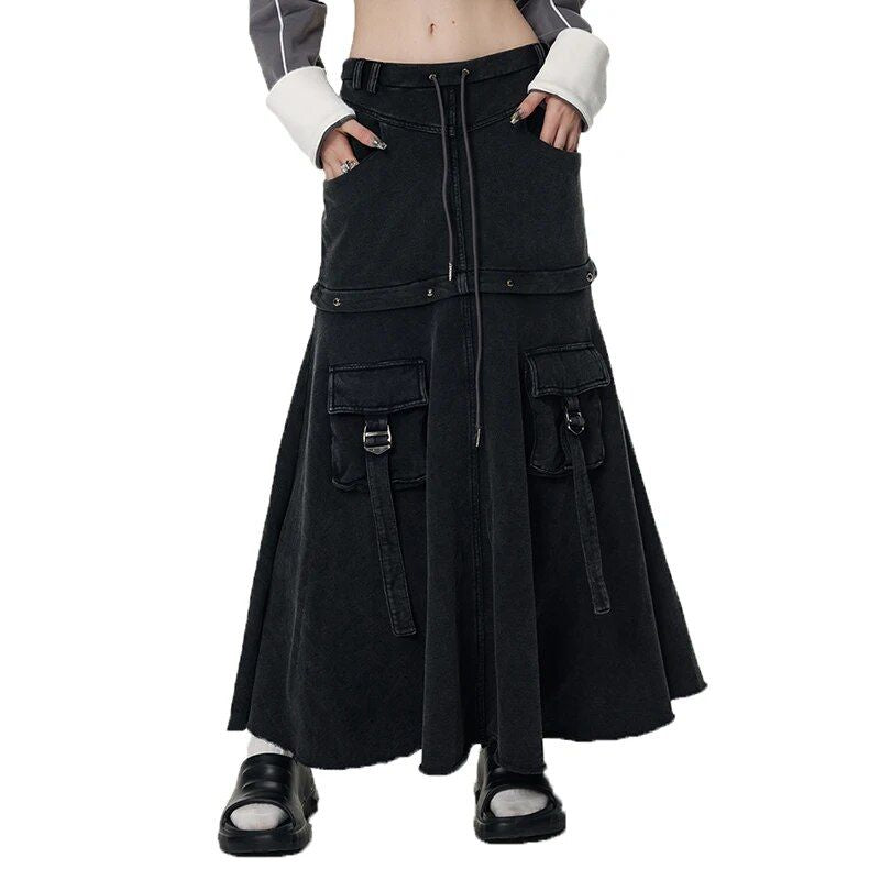 Versatile Two-Way Detachable Black Denim Skirt