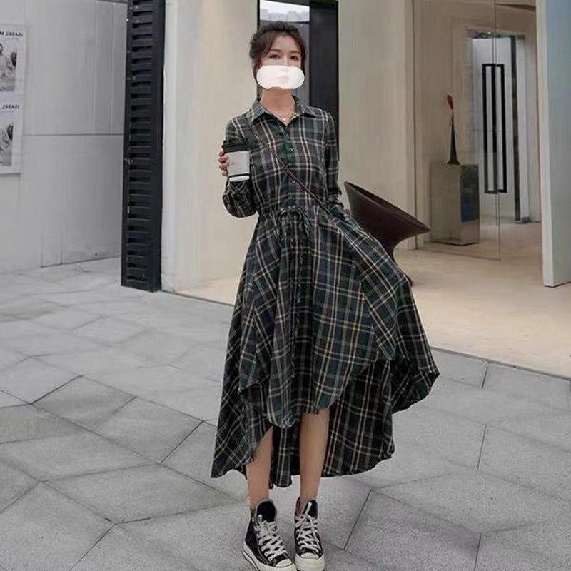 Long Temperament Long Sleeve Plaid Shirt Dress