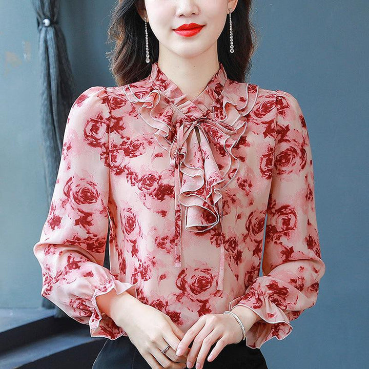 Foreign Style Agaric Ruffle Lace Up Floral Long Sleeved Chiffon Shirt For Women - Trendha