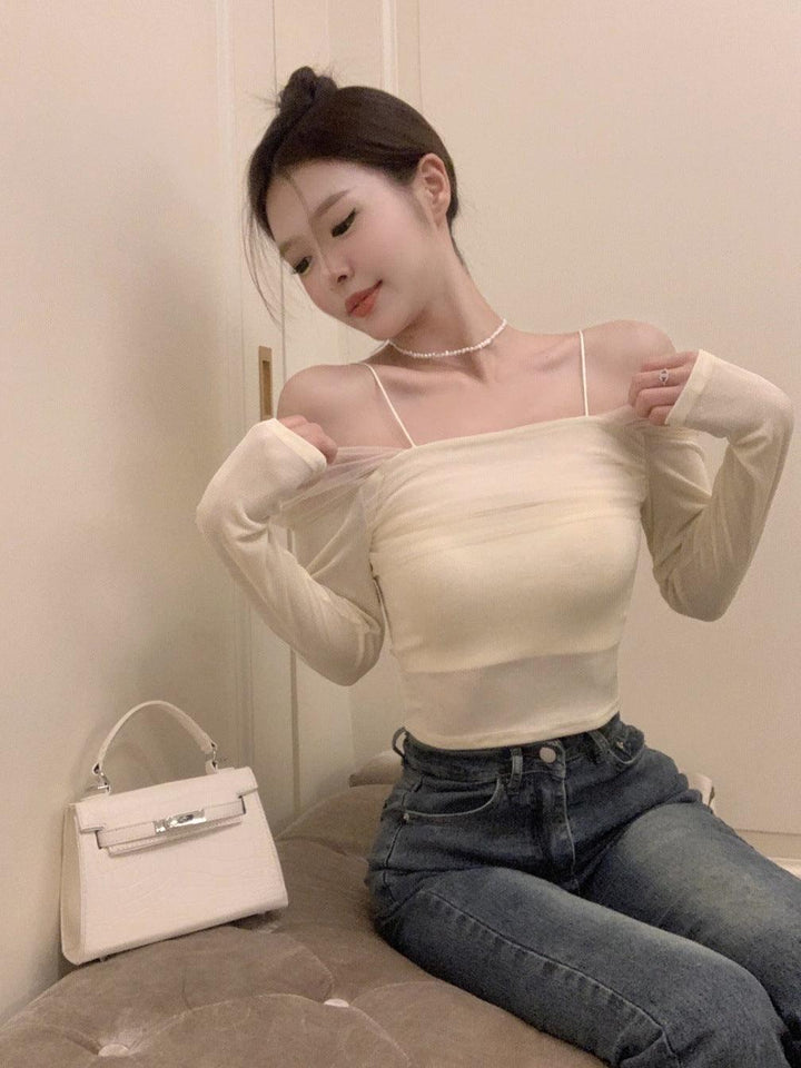 French Mesh Off-shoulder Long Sleeve Top - Trendha