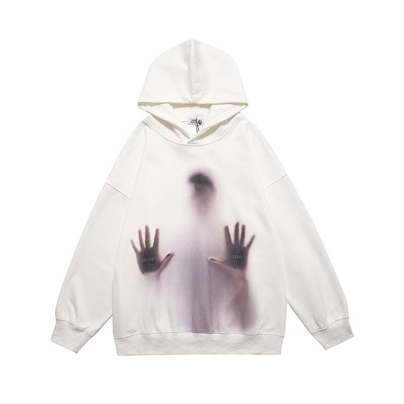 Handprinted White Ink Direct Spray Printed Men's Hooded Sweater - Trendha