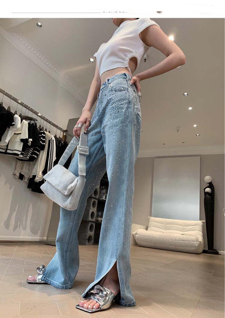 High Waist Rhinestone Split Slightly Flared Jeans Female - Trendha